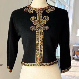 Vintage Hong Kong Imperial Black Wool Cardigan Brocade Trim Frog Closure Cropped